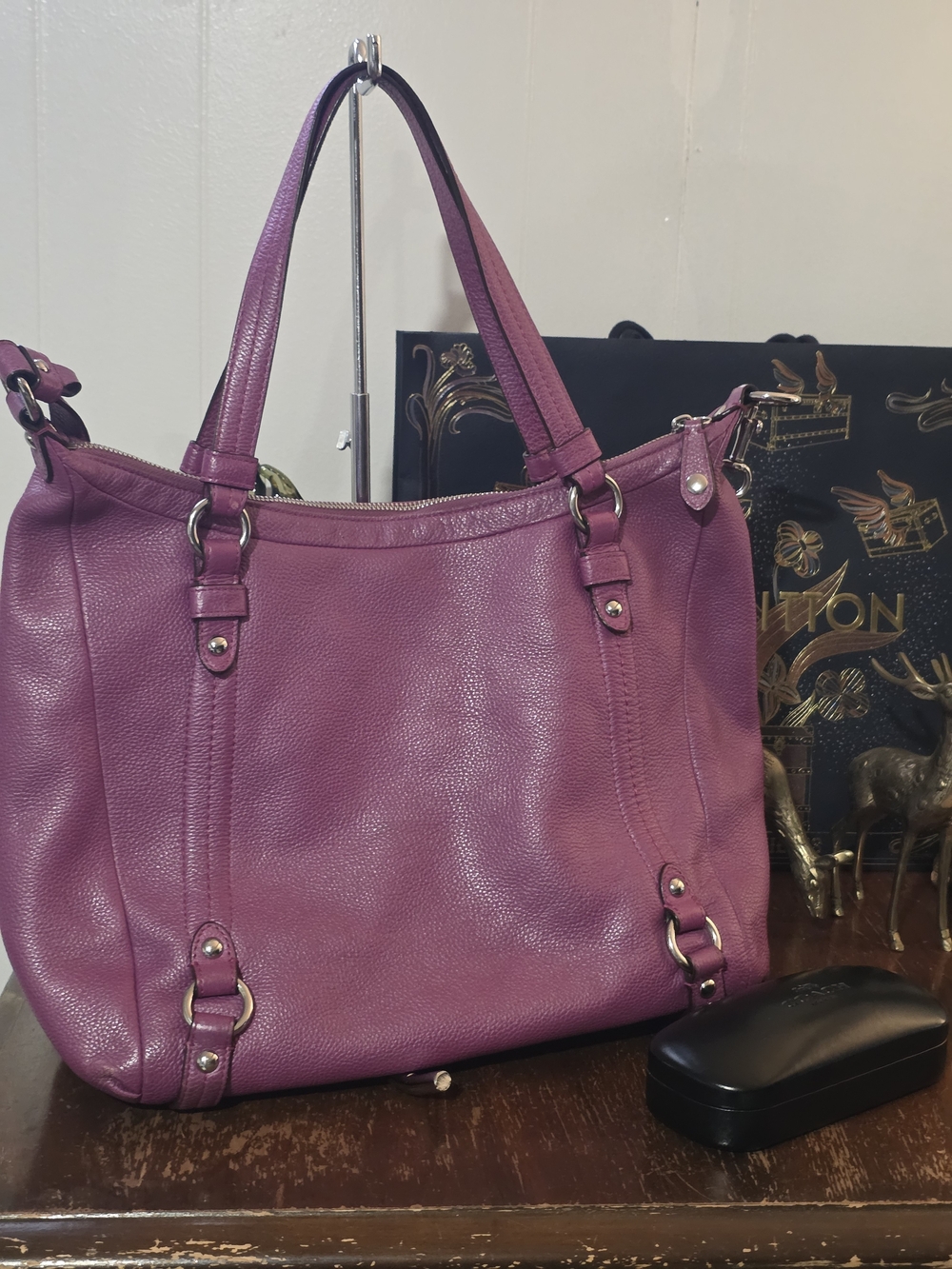 Coach Alexandra Convertible Hobo Purple Pebbled Leather & Black Sunglasses Case - Picture 6 of 11